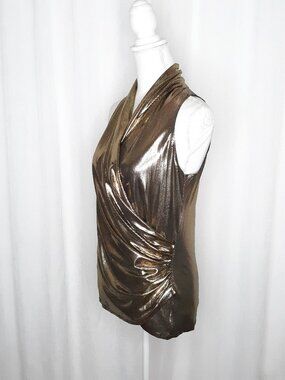Karen Kane Chic Gold/Black Lame Sleeveless Wrap Surplice Blouse